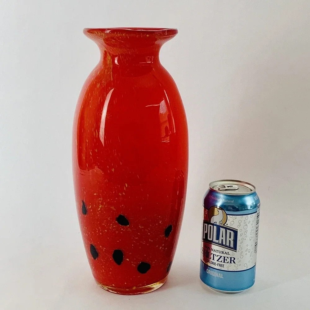 Large Glass Vase Red Gold Fleck Handmade Holiday Christmas Decor Gift Modern